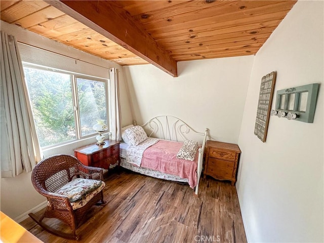 bedroom with wooden ceiling, wood finished floors, and beam ceiling