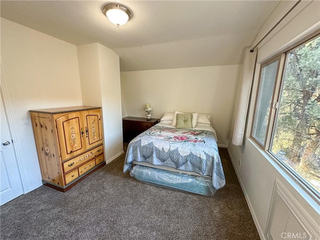 bedroom with dark colored carpet, baseboards, multiple windows, and vaulted ceiling