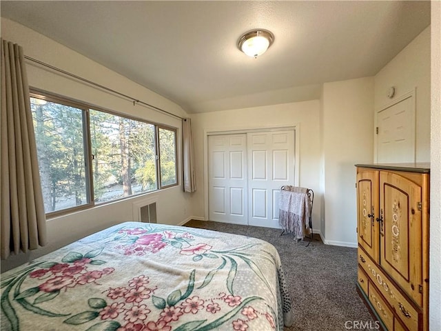 bedroom featuring visible vents, baseboards, carpet, lofted ceiling, and a closet