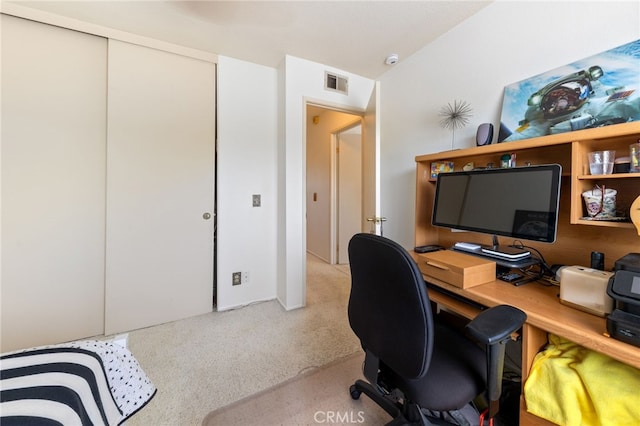 home office featuring light carpet