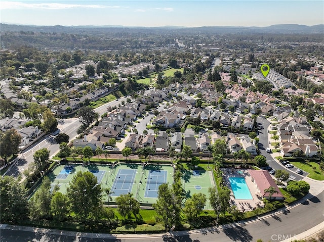 drone / aerial view featuring a mountain view