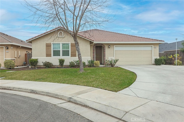 single story home with a garage and a front lawn