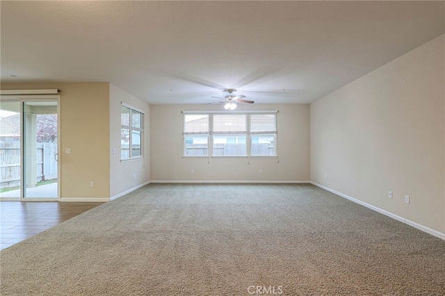 spare room featuring ceiling fan and carpet floors