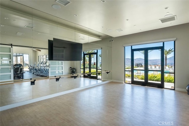 exercise room with wood-type flooring and french doors