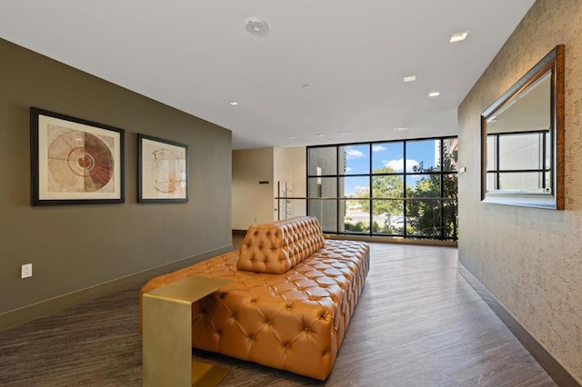 interior space featuring a wall of windows and dark hardwood / wood-style floors