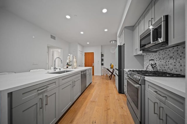 kitchen with tasteful backsplash, sink, gray cabinetry, and stainless steel appliances