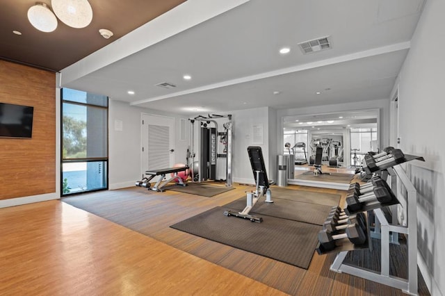 workout area with light wood-type flooring and a wall of windows