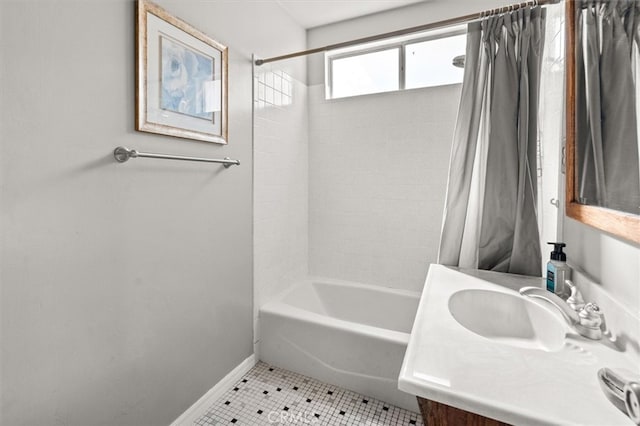 bathroom with vanity, tile patterned flooring, and shower / bathtub combination with curtain