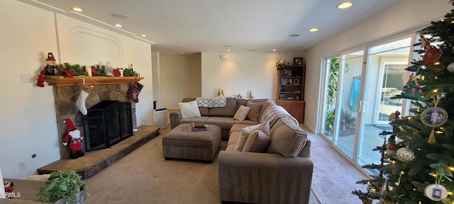 living room featuring a fireplace