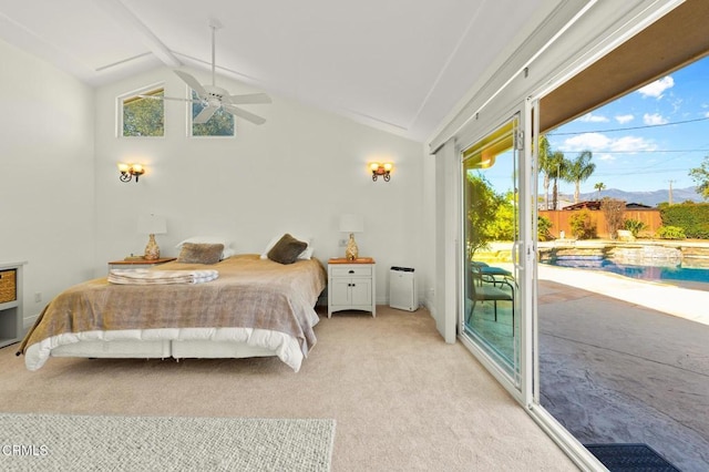 bedroom featuring light colored carpet, vaulted ceiling with beams, and access to outside