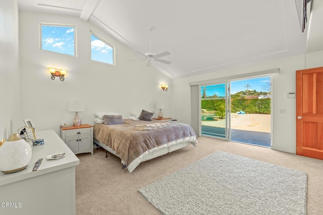 bedroom with a ceiling fan, access to exterior, light colored carpet, and high vaulted ceiling