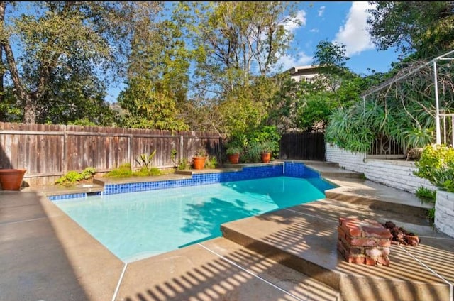 view of pool featuring a patio, a fenced backyard, and a fenced in pool