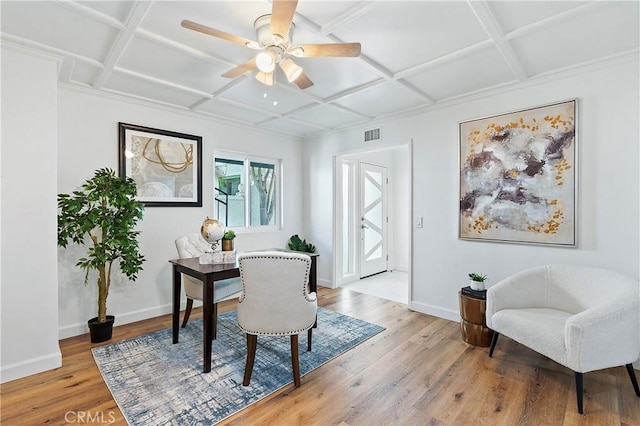 office area featuring coffered ceiling and light wood-style flooring