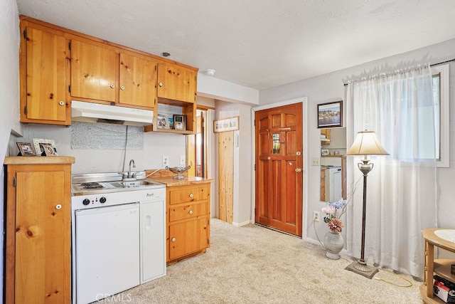 kitchen with white range oven, sink, a textured ceiling, and light carpet