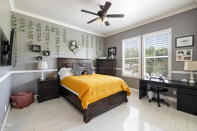 bedroom featuring ceiling fan and ornamental molding