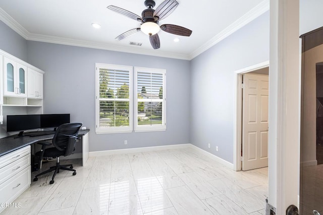 office area with ceiling fan and ornamental molding