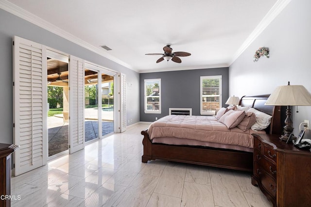 bedroom featuring ceiling fan, access to exterior, and crown molding