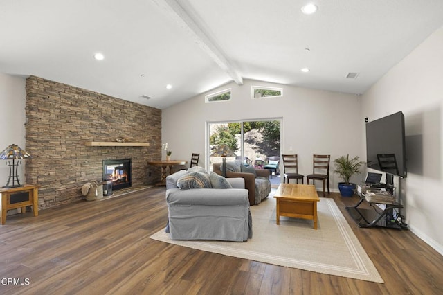 living room with beamed ceiling, dark hardwood / wood-style flooring, a fireplace, and high vaulted ceiling