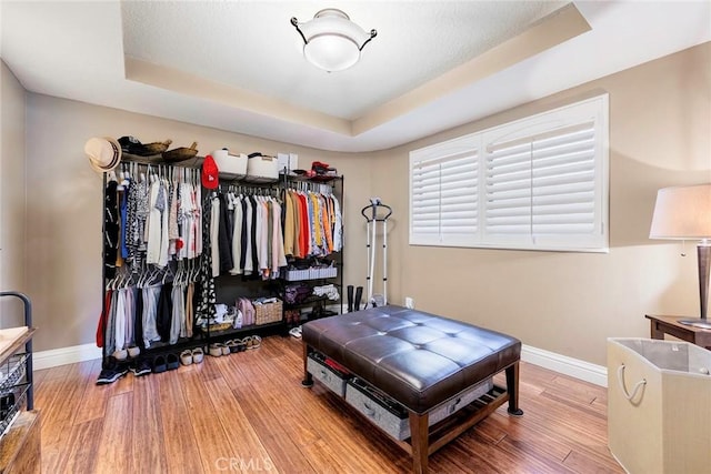 spacious closet with wood-type flooring and a tray ceiling