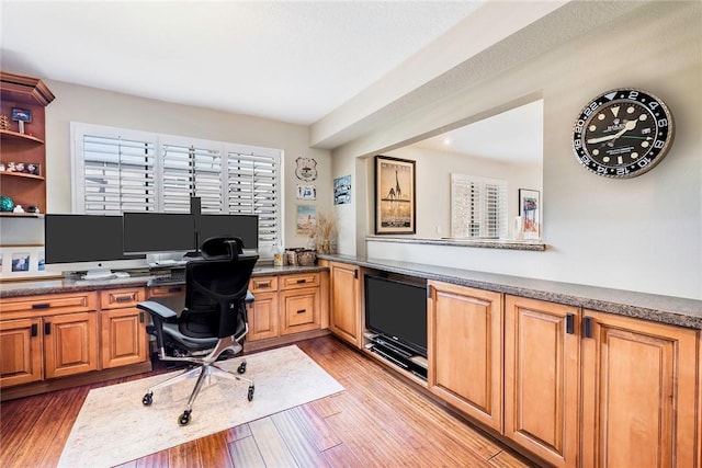 office space featuring built in desk and light hardwood / wood-style floors