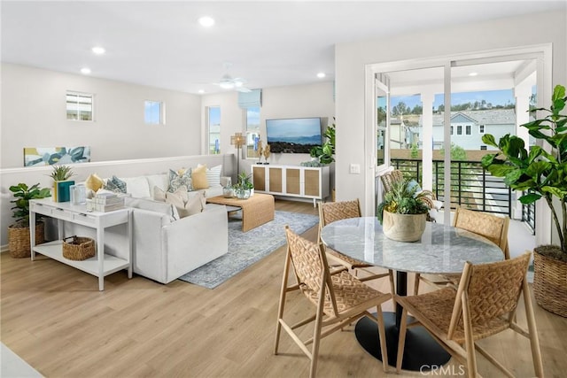 living room with ceiling fan and light hardwood / wood-style flooring