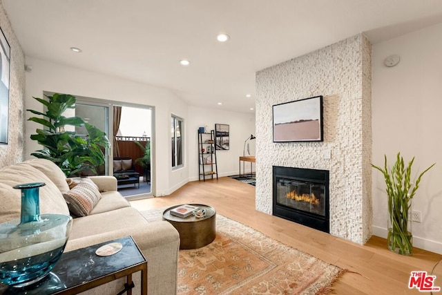 living room featuring a fireplace and wood-type flooring