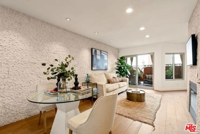 living room featuring a fireplace and light hardwood / wood-style floors