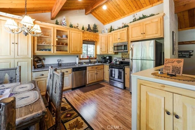 kitchen featuring light brown cabinets, stainless steel appliances, vaulted ceiling with beams, pendant lighting, and light hardwood / wood-style floors