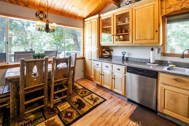 kitchen featuring light wood-type flooring, sink, a notable chandelier, dishwasher, and vaulted ceiling with beams