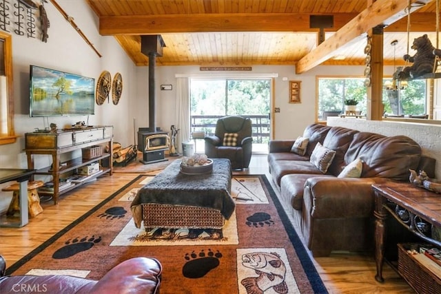 living room with a wood stove, hardwood / wood-style floors, beamed ceiling, and wood ceiling