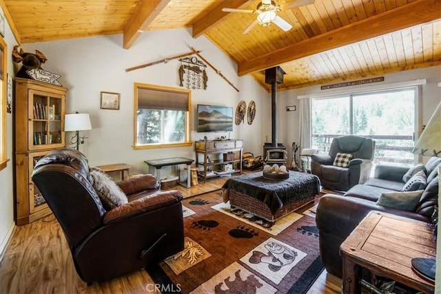 living room featuring ceiling fan, lofted ceiling with beams, wooden ceiling, light hardwood / wood-style floors, and a wood stove