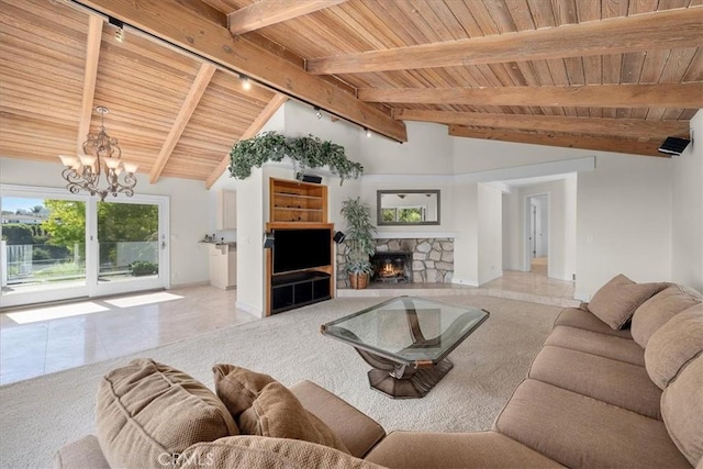 living room featuring a stone fireplace, wooden ceiling, lofted ceiling with beams, and track lighting