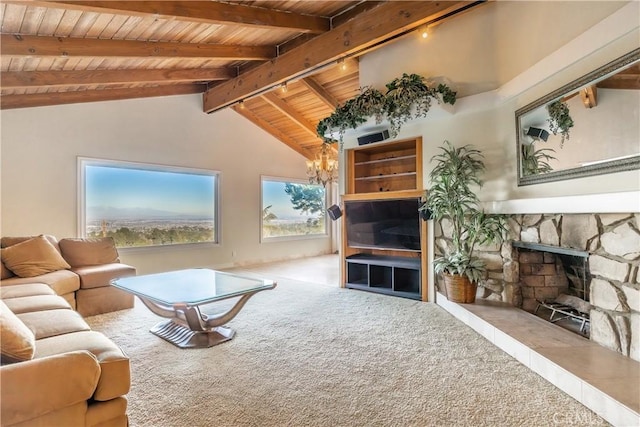 carpeted living room with a chandelier, a fireplace, wooden ceiling, and lofted ceiling with beams