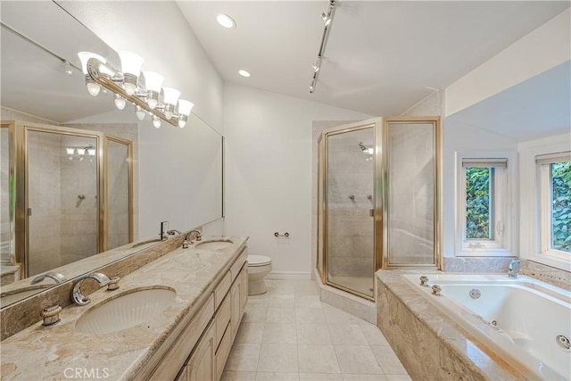 full bathroom featuring independent shower and bath, toilet, tile patterned flooring, vanity, and vaulted ceiling