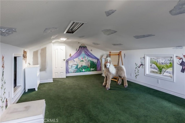 game room featuring dark carpet and lofted ceiling