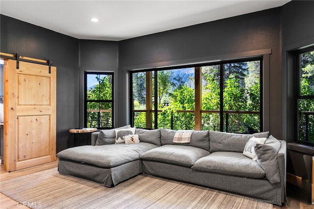 living room with a healthy amount of sunlight, a barn door, and light hardwood / wood-style flooring