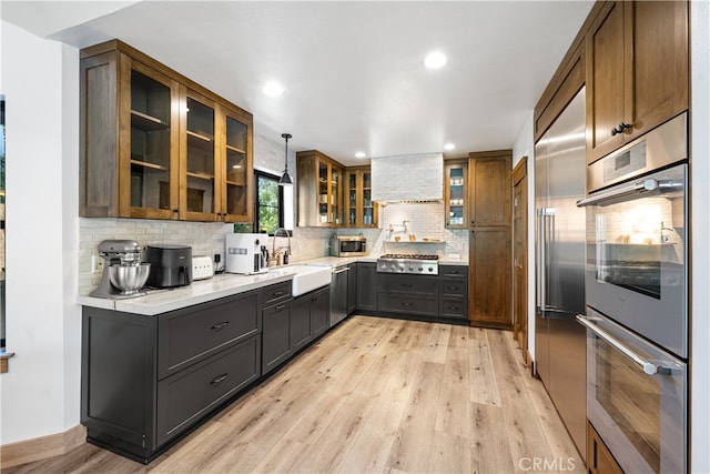 kitchen with decorative backsplash, pendant lighting, light hardwood / wood-style flooring, stainless steel appliances, and premium range hood