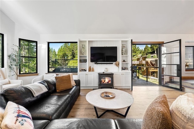 living room featuring light hardwood / wood-style flooring and a wood stove