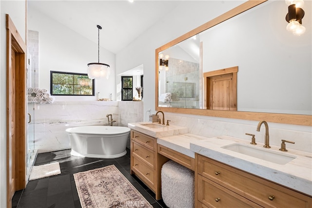 bathroom featuring vanity, plus walk in shower, and vaulted ceiling