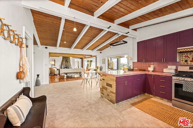 kitchen with tasteful backsplash, vaulted ceiling with beams, wood ceiling, kitchen peninsula, and stainless steel gas range