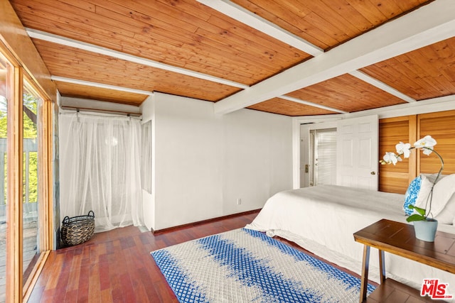 bedroom featuring beamed ceiling, dark hardwood / wood-style floors, access to outside, and wooden ceiling