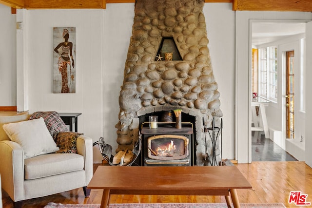 living room with a wood stove