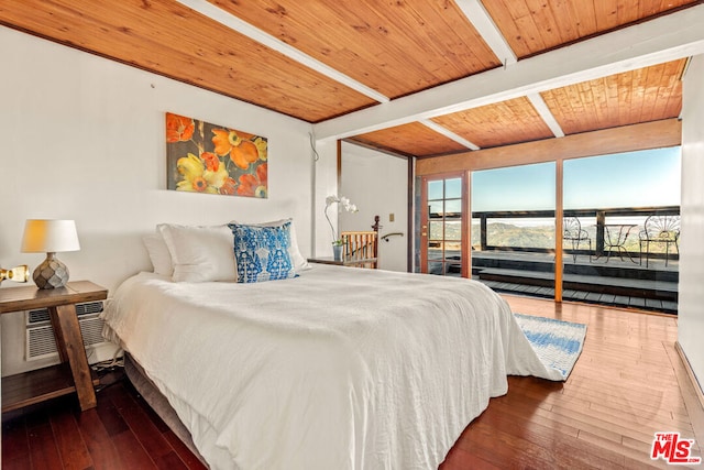 bedroom with wood ceiling, dark hardwood / wood-style flooring, beam ceiling, and access to exterior