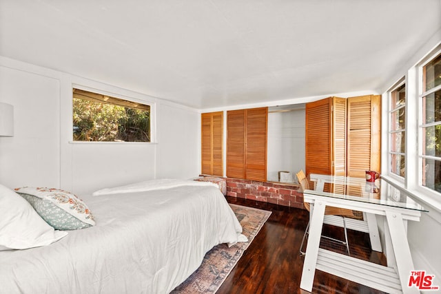 bedroom with dark hardwood / wood-style floors