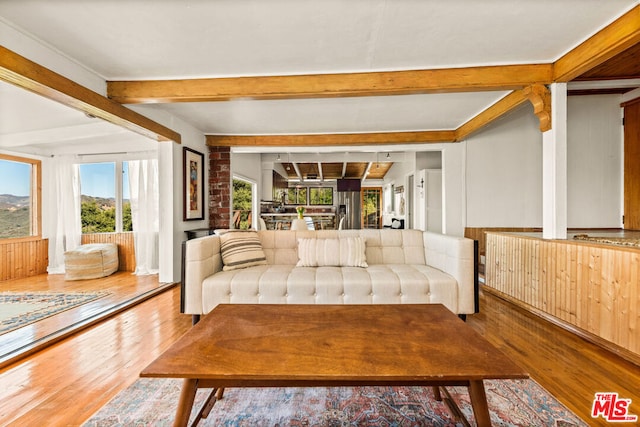 living room with wood-type flooring and beam ceiling