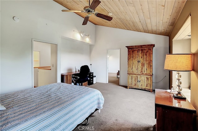 bedroom featuring ceiling fan, carpet floors, lofted ceiling, and wood ceiling