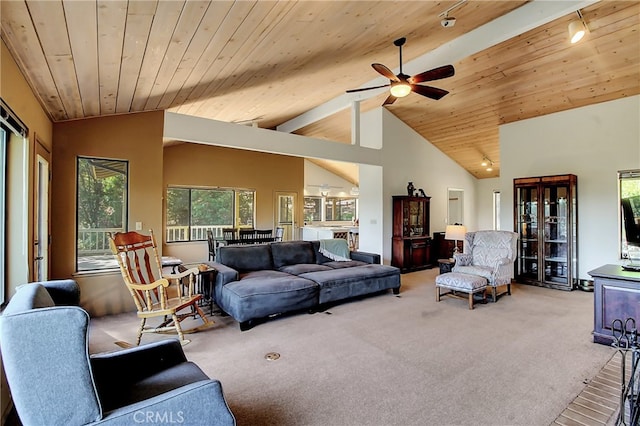 living room with wooden ceiling, beamed ceiling, light carpet, and high vaulted ceiling