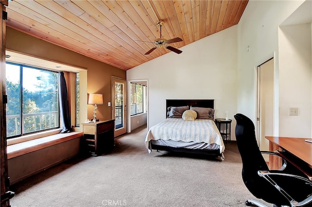 bedroom with carpet, wood ceiling, lofted ceiling, and ceiling fan