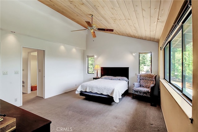 carpeted bedroom with wooden ceiling, lofted ceiling, and ceiling fan