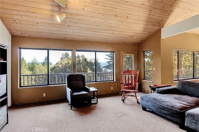 sunroom featuring vaulted ceiling and wooden ceiling